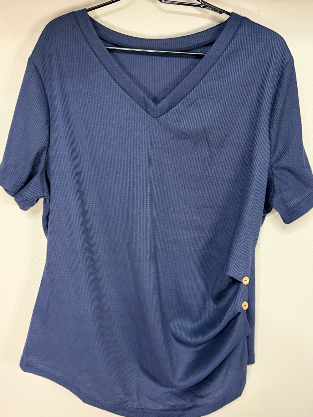 SHEIN Navy Short Sleeve V-Neck Top with Side Button Detail